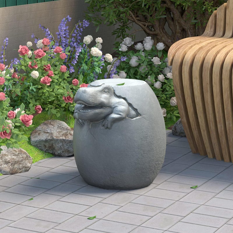 COSIEST Dinosaur Sculpture End Table, 14.6x16.9 inch Concrete Finish Side Table, Round Accent Table for Garden Yard Patio, Light Gray - Image 3